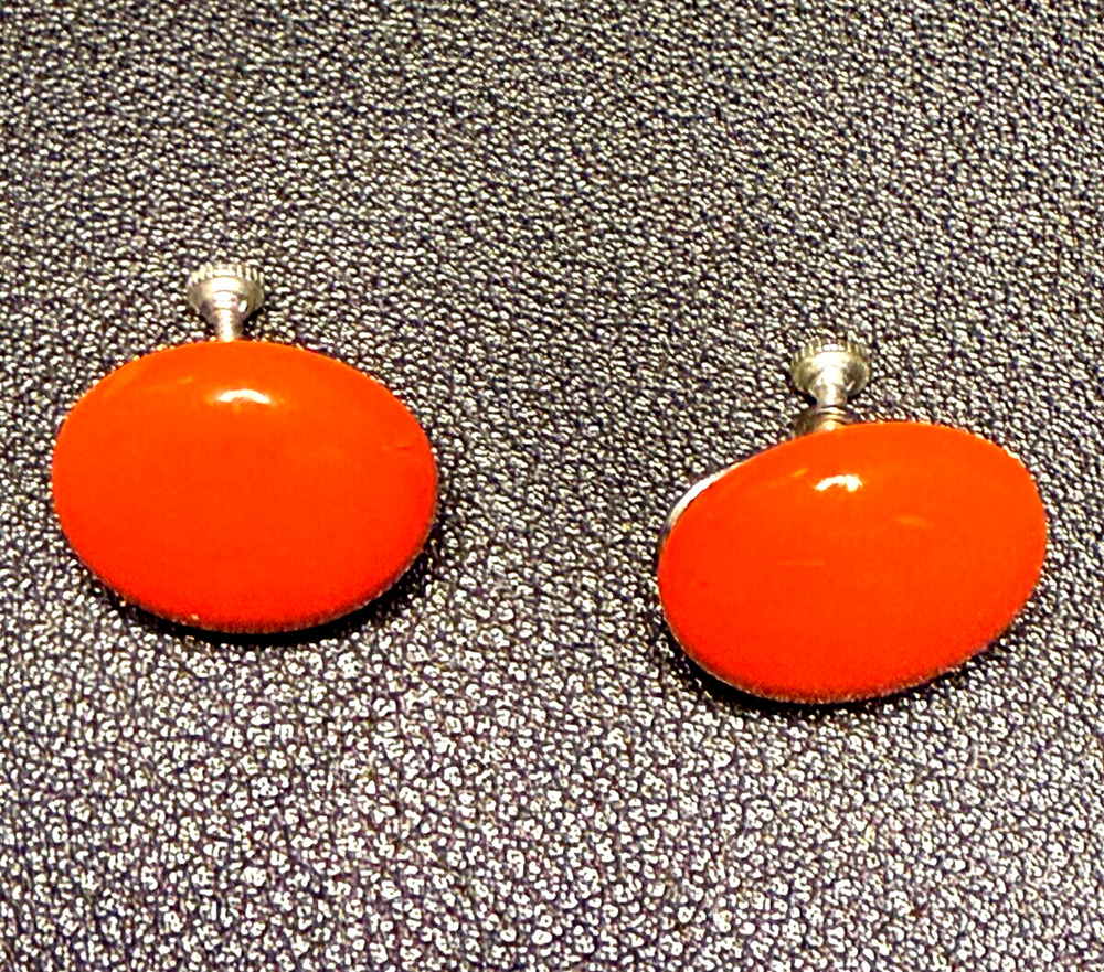 Vintage Mid-Century Screw Back Bright Orange Round Earrings Plastic Enamel MCM